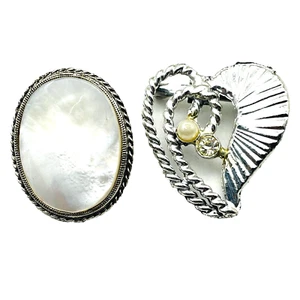 Silver Tone Pins Lot of 2 Oval Abalone Fluted Heart Simulated Pearl Rhinestone - Picture 1 of 6