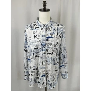 Karl Lagerfeld Top Womens Sz XL White Blue Champagne Paris Eifel Tower Button Up - Picture 1 of 8