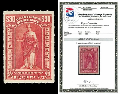 Scott R177 1898 $30.00 Red Documentary Used? Graded VF-XF 85 with PSE CERT - Image 1 of 2