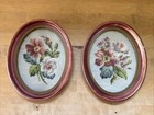 Set of 2 Vintage 1961 Framed Floral Wool Needlepoint Pictures Oval Frame 10”x8”