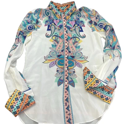 Robert Graham Long Sleeve Silk Blend White Paisley Gabriela Shirt Mens Size XS - Image 1 of 4