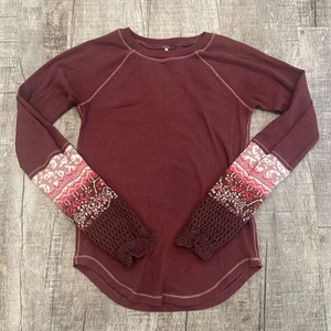 Free People In The Mix Cuff Thermal Top Patchwork Crochet Sleeve Women’s Size L - Picture 1 of 8