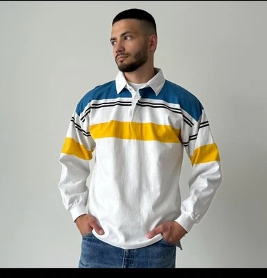 Trader Bay Vintage Mens Size L Y2k Sportswear Striped Long Sleeve Polo Rugby - Image 1 of 4