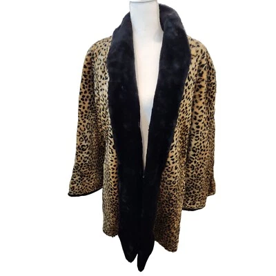 Vintage 90s Faux Fur Swing Coat Womens M Black Brown Leopard Pinup Rockabilly - Image 1 of 4