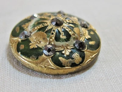 Antique 1800's  Brass w/ Green Enamel Button w/Cut Steel - Image 1 of 4