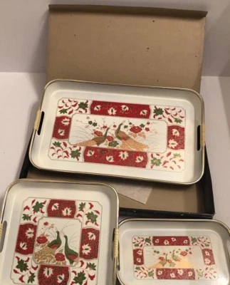 Japanese Lacquerware Serving Tray 3 Piece Set White Orange Peacock Pattern Vtg. - Image 1 of 4