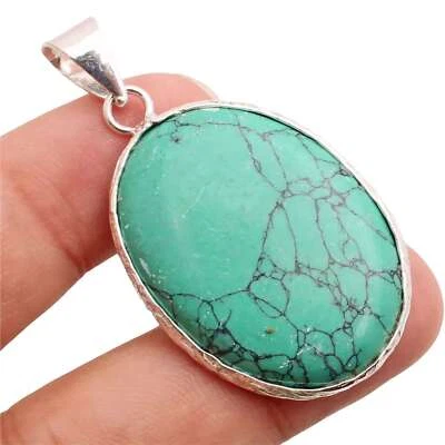 Turchese Gemma 925 Ciondolo Placcato Argento Handmade Gioielli Regalo 3.9cm - Immagine 1 di 3
