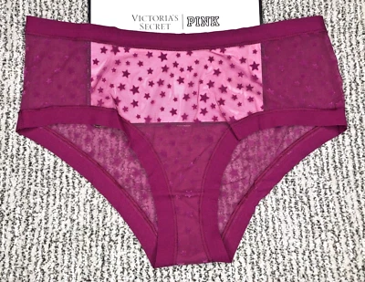 Victoria's Secret ROSA NUEVO CON ETIQUETAS Medio Púrpura No Show Panty Descarado Malla Estrella Transparente Foto 1 de 4