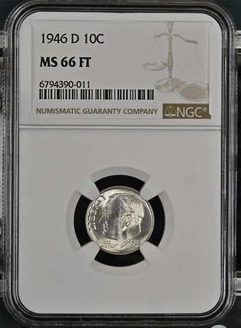1946 D Roosevelt Dime- NGC MS66 FT Cover