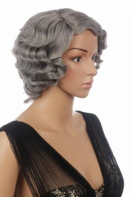 PRETTYLAND Kurzhaar Perücke kinnlang Wasserwelle retro Welle Grau Alltag Cosplay Wig C249