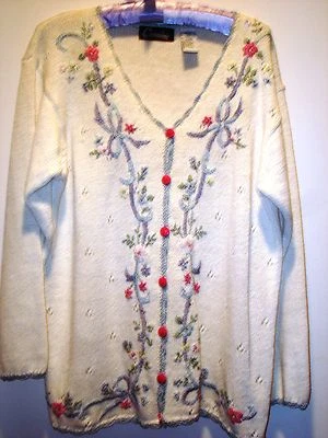 Cavalini LADIES WHITE KNIT RAMIE COTTON EMBROIDERED SWEATER LONG SLEEVE Size M - Image 1 of 2
