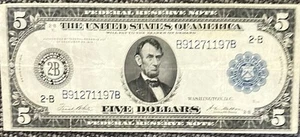 1914 $5 Blue Seal Federal Reserve Note ๐ New York 2-B Series RARE Vintage Bill! - Picture 1 of 12