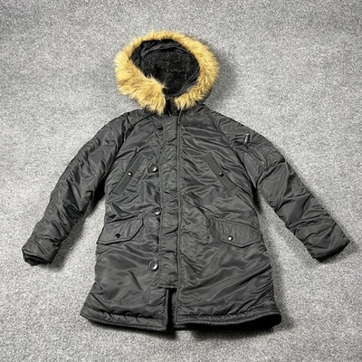 Alpha Industries Jacket Womens Small Black Faux Fur Hood Parka Coat Quilted - Image 1 of 4