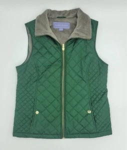 Laura Scott Quilted Green Front Zip Puffer Vest Faux Fur Lined Snap Pockets - Picture 1 of 4
