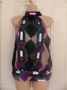 Pretty Next Petite size 12 silky halterneck top, multicoloured, sequins - Picture 1 of 9