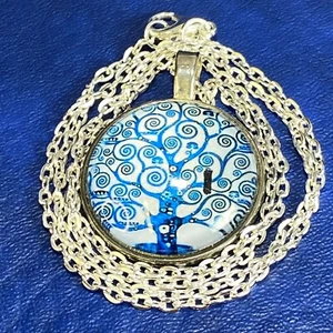 Pendant Necklace Round Domed Glass Cabochon Silvertone Swirly Tree of Life - Picture 1 of 11