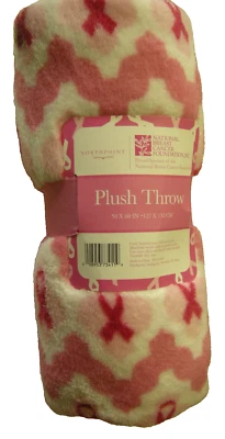 Breast Cancer Plush Throw By Northpoint Trading, 50" x 60", Pink & White, New - Image 1 of 2