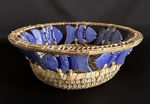 Woven Wicker Basket With Decorative Ceramic Blue Fish Integrated Into Design 11” - Picture 1 of 9
