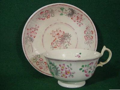 Staffordshire antique porcelain cup saucer hand painted flower transfer patt 304 - Image 1 of 4