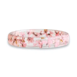 Thin Resin Ring with Pressed Light Pink Flowers and Gold Flakes, Nature Inspired - Picture 1 of 5
