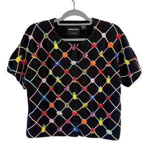 Michael Simon Black Knit Cardigan Beaded Fruit Lattice Design Short Sleeve L - Picture 1 of 11