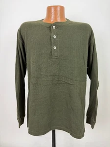 Vintage 90s Ribbed Henley Shirt Men L Minimal Olive Heavy Cotton Basic Equipment - Picture 1 of 16