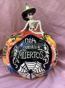 Blue Sky Clayworks 20698 Talavara Skeleton Pumpkin Figurine Cookie Jar - Picture 1 of 4