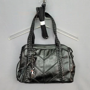 Woman's Bag Purse Small Black Faux Leather with Kitten Charm - 5 Pockets - Picture 1 of 12