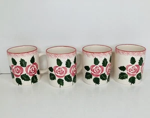Set of 4 Hand Painted Ceramic Coffee Cups/Mugs Pink Roses Unmarked Crazing *READ - Imagen 1 de 10