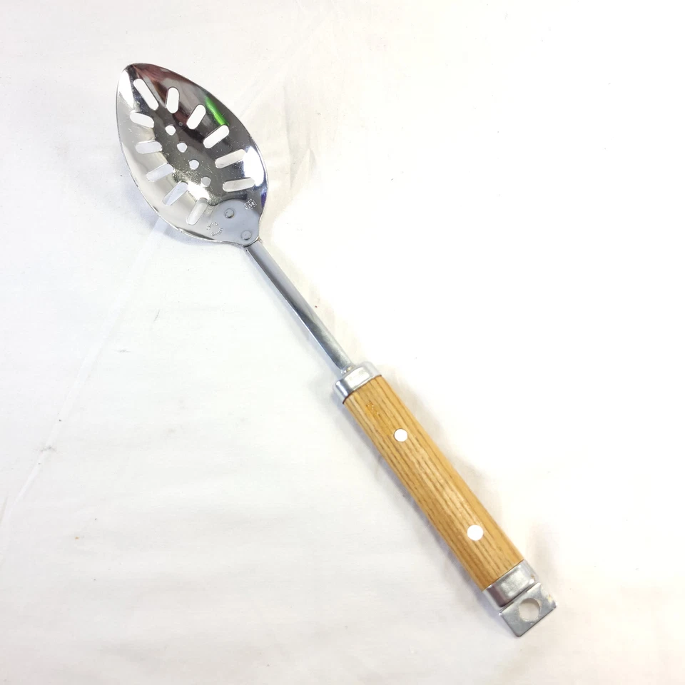 Foley Utensil Chrome Slotted Spoon Serving Strainer Wood Handle USA - Image 1 of 4