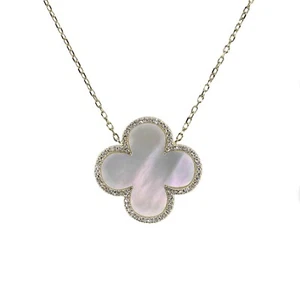 1.00 CT. GENUINE DIAMOND MOTHER OF PEARL CLOVER PENDANT CHAIN NECKLACE 14K GOLD - Picture 1 of 9