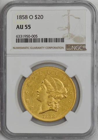 1858-O $20 Gold Liberty AU55 NGC 946659-7 Cover