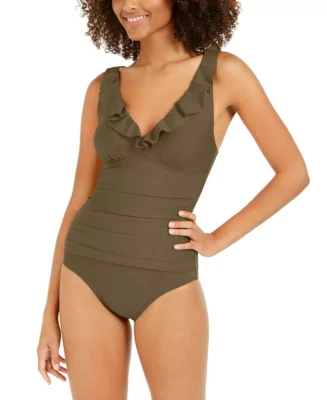 NWT DKNY Women Ruffle Plunge Underwire Tummy Control One-Piece Sz 6-18 $99 9B730 Foto 1 de 4