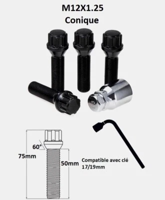 BIMECC Vis antivol de roues M12X1.25 noir assise conique 60° filetage 50mm