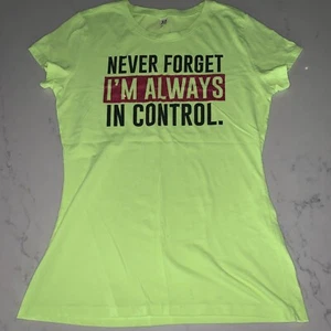 Vintage Graphic Tee Sz L Neon Yellow Crew Red Glitter NEVER FORGET IM IN CONTROL - Picture 1 of 4