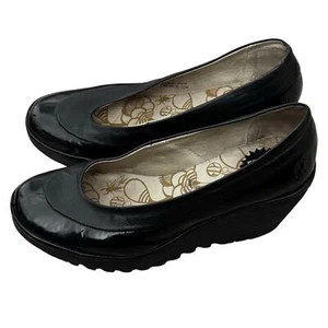 Fly London Yoko Black Patent Leather Wedge Pumps Size 7.5/8 EUR 38 Slip On - Picture 1 of 12