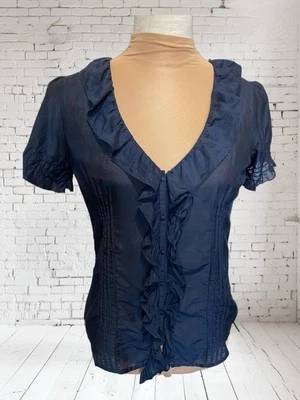 Gap Ruffle Front Button Down Blouse Navy Cotton Silk Pintucks Women's 2 Small - Image 1 of 4