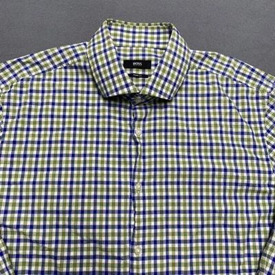 Camisa masculina BOSS Hugo Boss 17,5 XL azul verde branca xadrez ajuste afiado manga longa - Imagem 1 de 4
