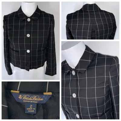 Brooks Brothers Cropped Blazer Women Sz 2 Black White Windowpane Wool YGI S1-719 — 第 1/4 张图片