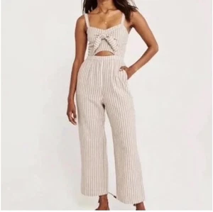 Abercrombie And Fitch Linen Blend Cutout Tan/Cream Straight Leg Jumpsuit Sz S - Picture 1 of 3