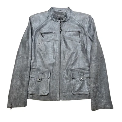 Chaqueta de moto de cuero gamuza Alfani para mujer mediana metálica plateada Foto 1 de 4