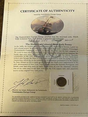 Certificate of Authenticity 1786 New York Penny VOC Dutch Colonial Cent  #U095 - Image 1 of 3