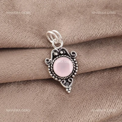 925 Argento Sterling Rotondo Rosa Calcedonio Pietra Cyber Monday Nuovo Pendente - Immagine 1 di 4
