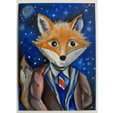 ACEO ORIGINAL PAINTING Mini Collectible Art Card Signed Fantasy Animal Fox Ooak