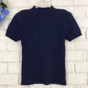 Armani Jeans Navy Ribbed Sweater Top Women's Size 10 Wool Blend Short Sleeve - Picture 1 of 8