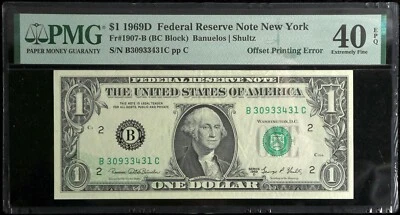 1969D $1 Federal Reserve Note New York Offset Printing Error PMG 40 EPQ - Image 1 of 2