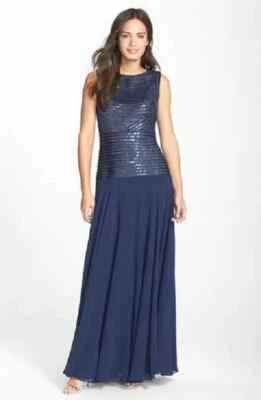 JS COLLECTIONS Navy Sequin Ribbon Chiffon Maxi Skirt Hourglass Gown Dress 10 = M - Image 1 of 4