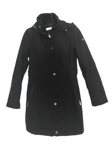ElizaJ Black Belted Hooded Above Knee Water Resistant Winter Coat Fleece Pockets - Picture 1 of 3