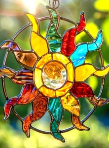 RAINBOW SUN Australian Handmade Stained Glass SUNCATCHER WALL HANGING GARDEN ART - Picture 1 of 24