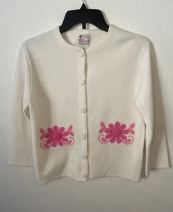 Ste. Laurent VTG Cardigan Sweater Embroidered Floral Harry Goldstein Ivory Sz M - Picture 1 of 10